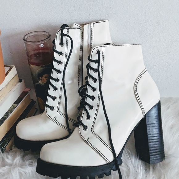 Jeffrey Campbell White Patent Leather Legion Bootie 10 Chunky Combat Ankle Boot - Picture 1 of 8